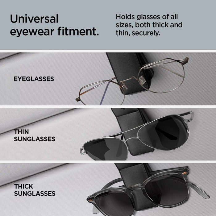 ACP08826 - Visor Leather Sunglass Holder SH101 in Black showing the universal eyewear fitment, hold glasses of all sizes, both thick and thin, securely