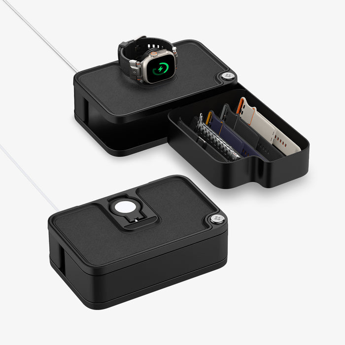 AMP07602 - Watch Organizer | S340 in Black showing the top, partial side, front and inner with watch bands inside