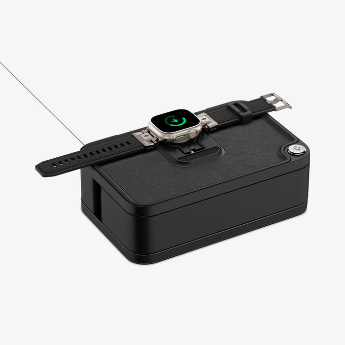 AMP07602 - Watch Organizer | S340 in Black showing the watch with the band placed on the top of the organizer while charging
