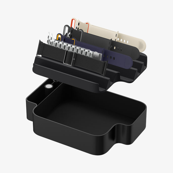 AMP07602 - Watch Organizer | S340 in Black showing the inner of the organizer, with multiple watch band, hovering above the case