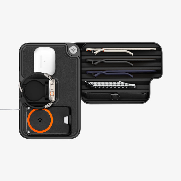 AMP07602 - Watch Organizer | S340 in Black showing the top with multiple MagSafe-compatible devices and items placed on it while charging, and the interior displays storage for the watch bands.